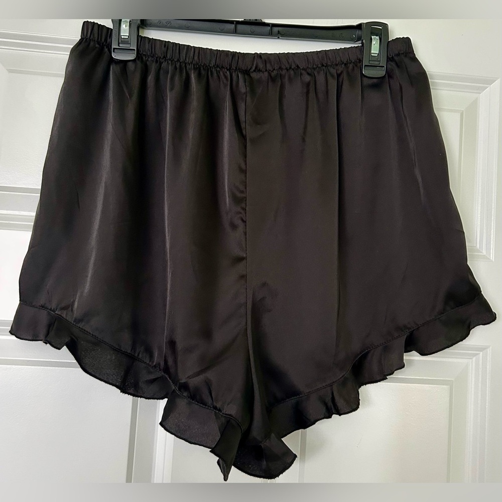 Women's Black Satin Ruffle Shorts Set - Classic Lounge Top & Shorts - Picture 5 of 9